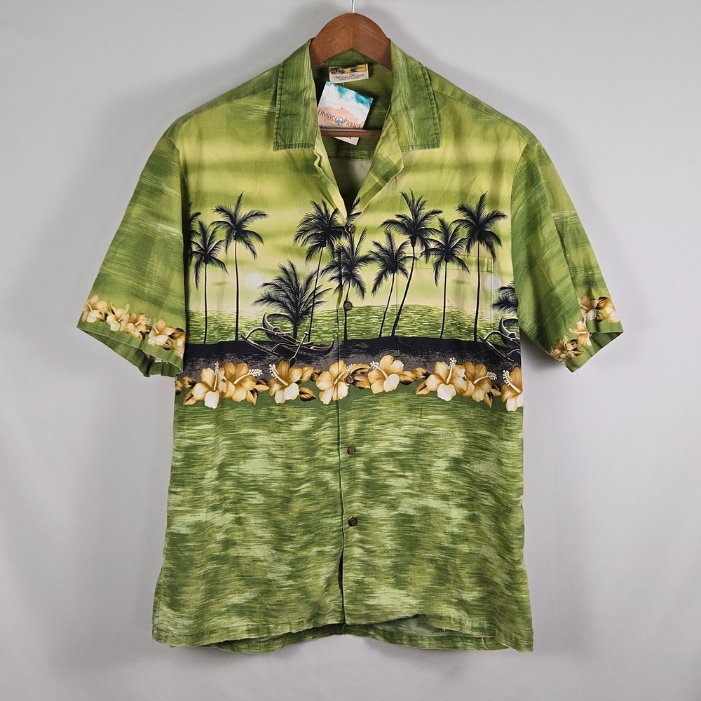Vintage Winnie Fashion Mens Hawaiian Shirt L Green Palm Tree Hibiscus Aloha